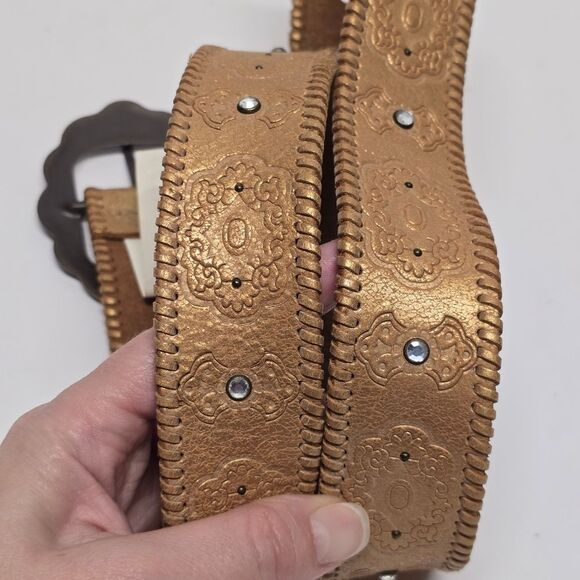 Fossil Gold Leather Princess Embossed Studded Rhinestone Belt L Western Cowgirl